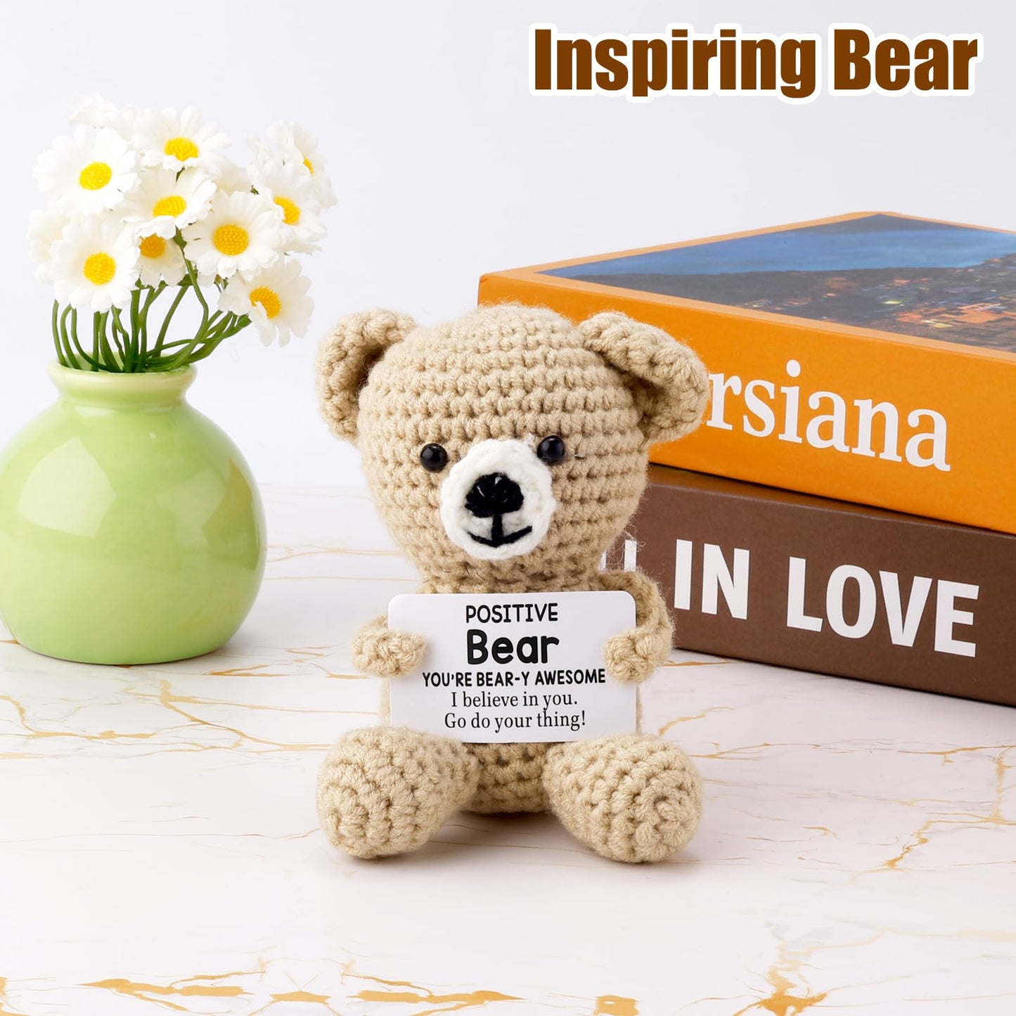 Toymis Positive Bear, Mini Crochet Bear Doll Knitted Bear Toy Emotional Support Animals Crochet Stuffed Bear For Birthday Party