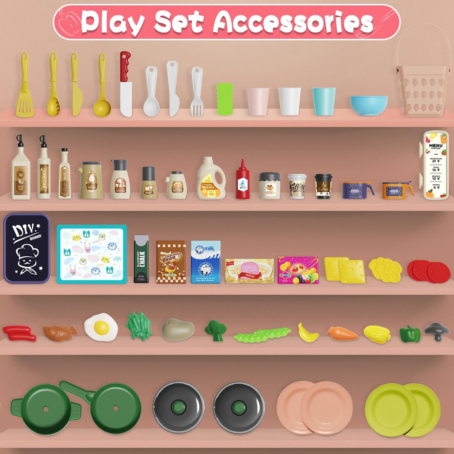 Hitish Kids Kitchen Playset Set, 63Pcs Pretend Play Kitchen Toys For Toddlers, Cooking Stove With Steam Sound Light, Play Sink W