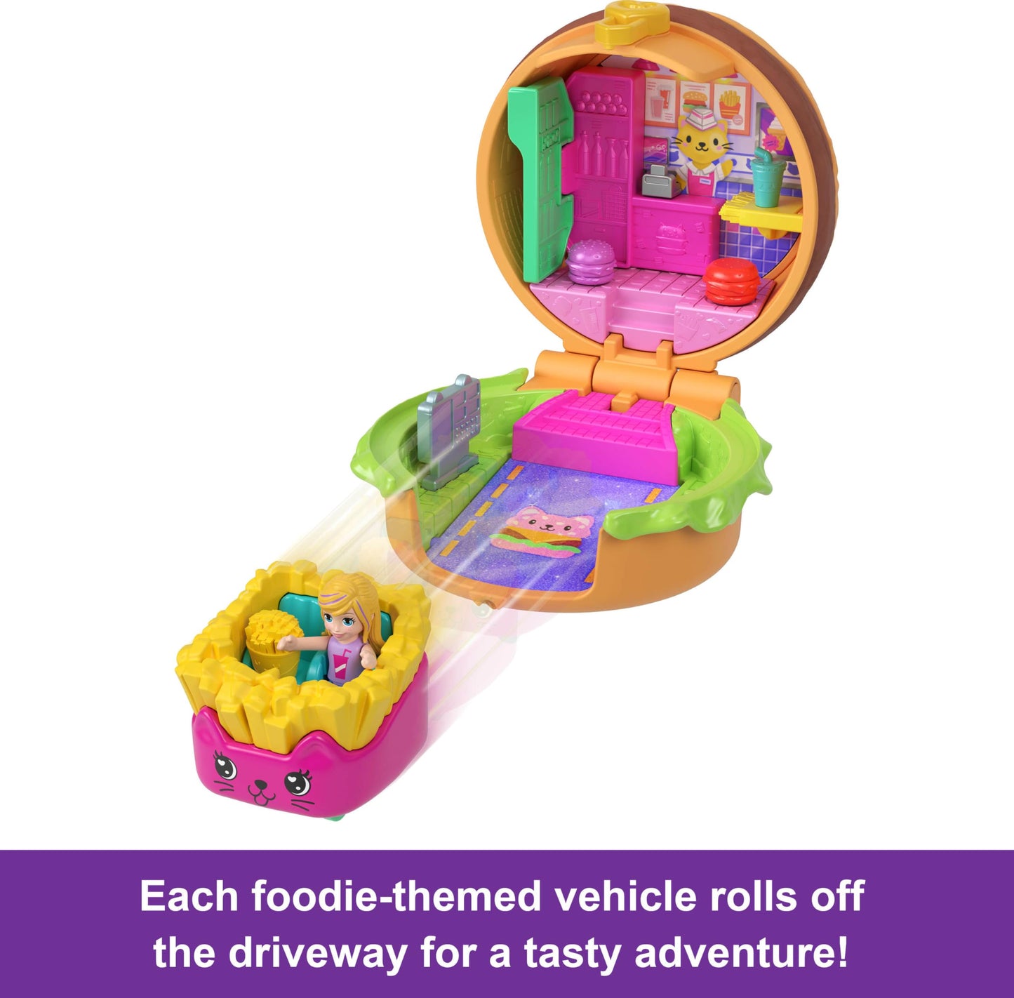 Polly Pocket Micro Dolls & Compacts With Toy Cars, Food Theme Vehicle Collection, Tiny Take Out Reveal Assortment With Surprises