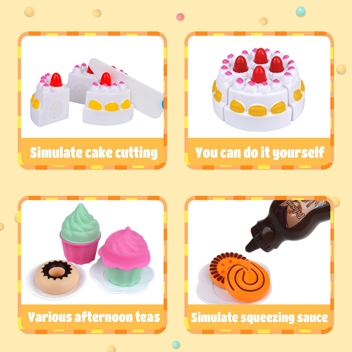 Pretend Dessert Food Toys Sets ,Play Food Set for Kids ,Cutting Toys Ice Cream and Cake,Plastic Cupcake, Baking Cookies,Pretend