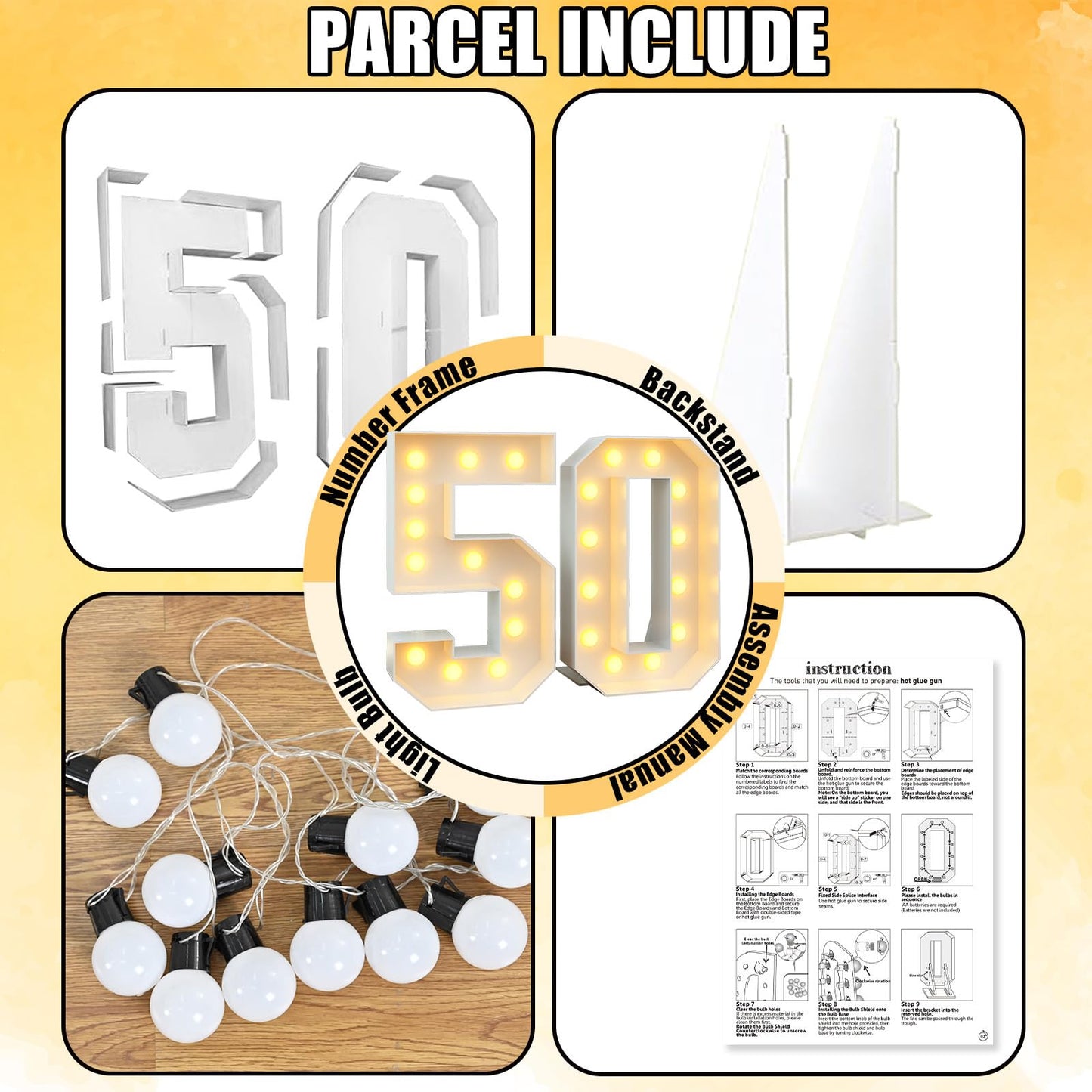 4Ft Light Up Numbers 50 Mosaic Numbers Marquee Frame With Slots For 50Th Birthday Party Large Cardboard With Light Bulbs Pre-Cut Kit Giant Cut-Out Thick Foam Board Sign Diy Decorations Anniversary