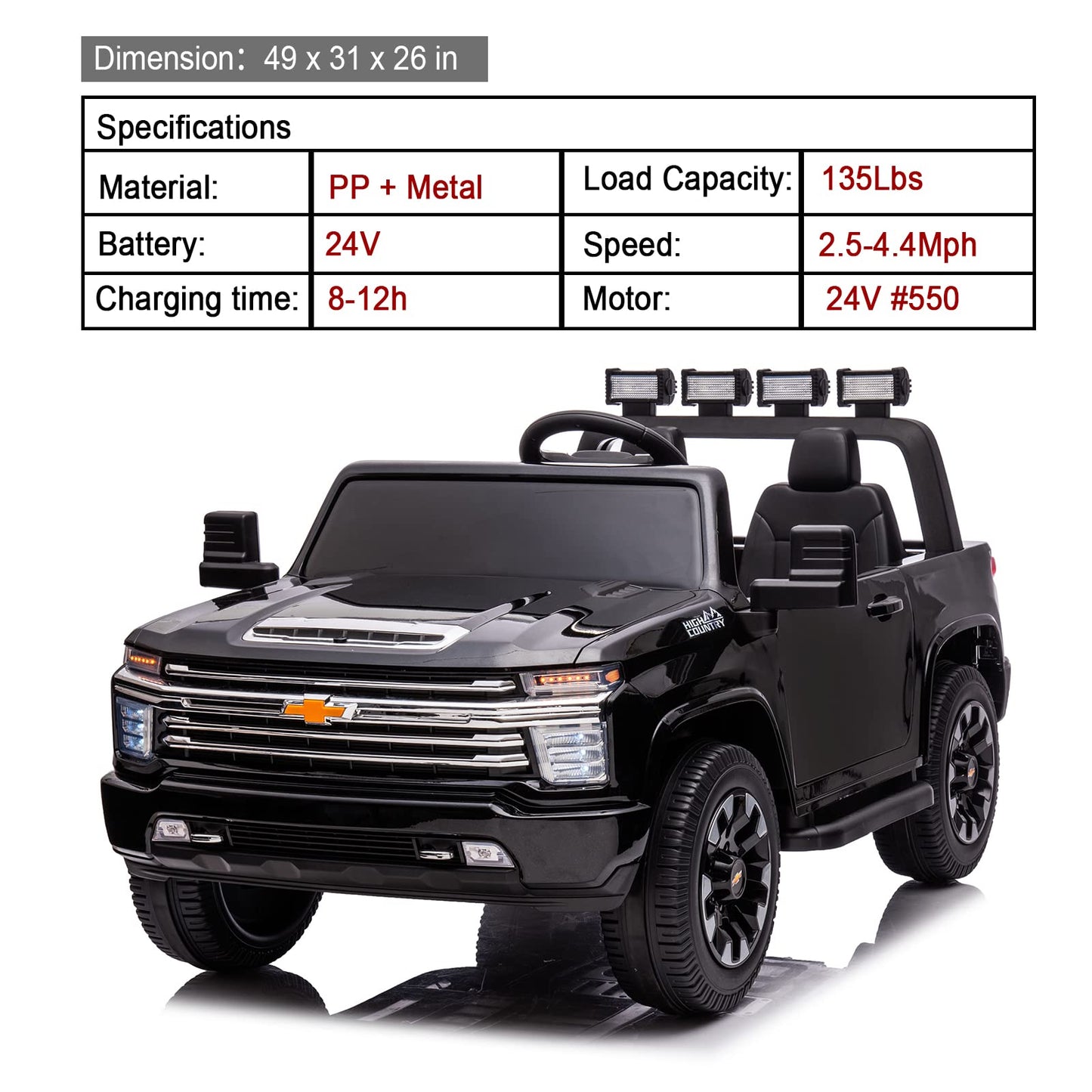 Luibas 24V Ride On Toy, 2 Seater Licensed Chevrolet Silverado Hd With Remote Control, Battery Powered Kids Electric Ride On Truc