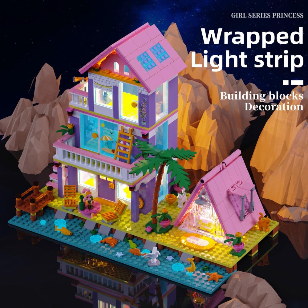 Girl Beach House Building Blocks Toys For Girls Age 8+, Seaside Villa Friends Building Set With Light, 791Pcs Mini Bricks