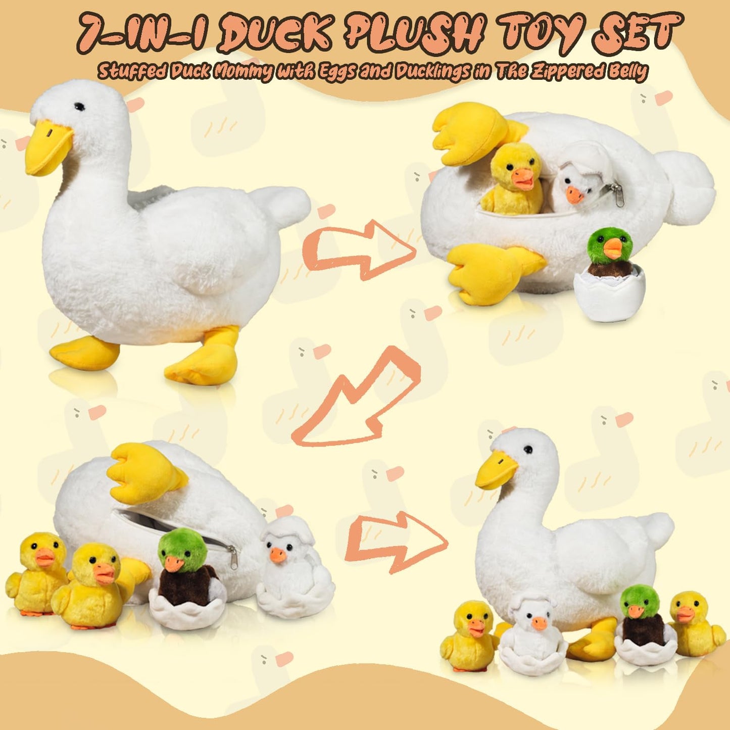 Duck Stuffed Animals With Babies Inside, 7 Pieces Mommy And Baby Duck Plush - Ducklings And Eggs In Mom Duck Zippered Belly, Whi
