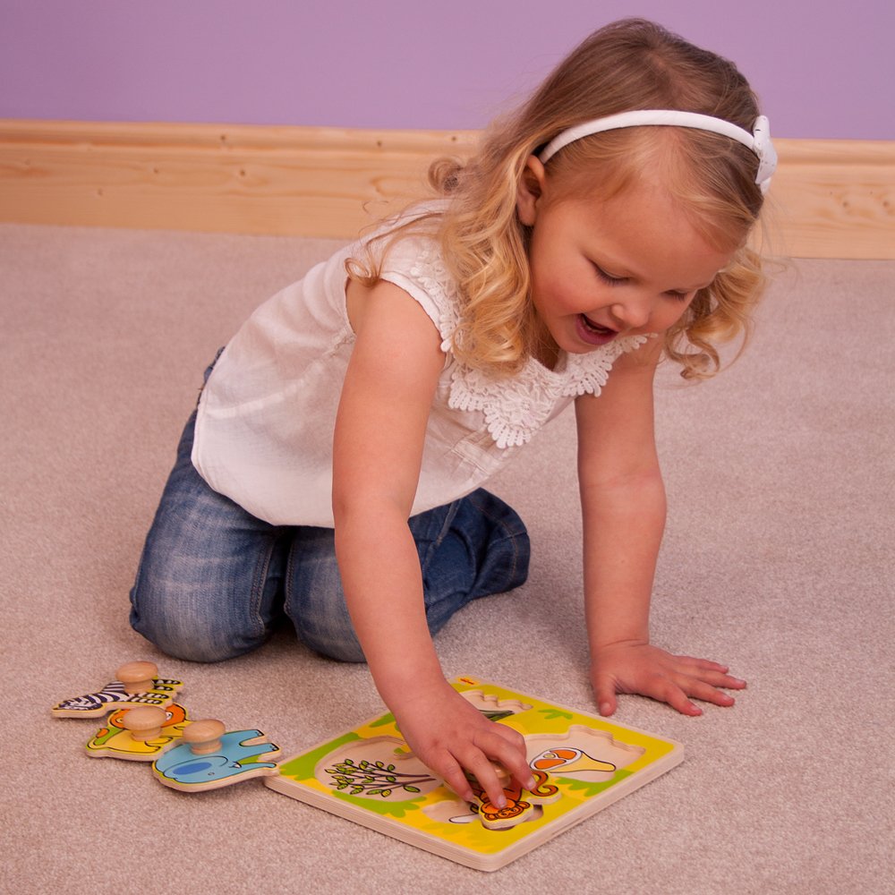 Bigjigs Toys Wooden Peg Puzzle Safari - Quality Peg Puzzle For 1 Year Old, Fine Motor Skills Toys For Babies & Toddlers, First A