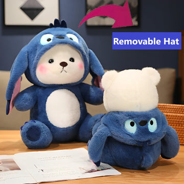 Bilibang Cartoon Plush Cross-Dressing Teddy Bear Plush Toy, Cute Teddy Bear with Removable Stitchhat (Blue StitchBear, 11 inch /