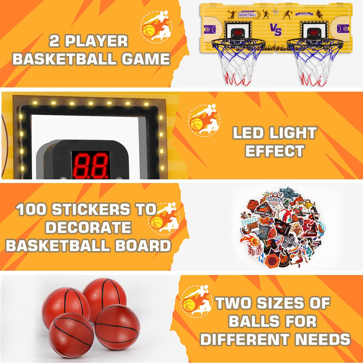 Fbsport Basketball Hoop Indoor, 2 Player Door Basketball Hoop Indoor Mini Basketball Hoop With 4 Balls And Led Light, Over The D