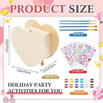 Tioncy 24 Pcs Diy Wooden Piggy Banks Unfinished Heart Shaped Wooden Piggy Coin Banks With 4 Paint Strips 4 Brushes 5 Sheets Gem