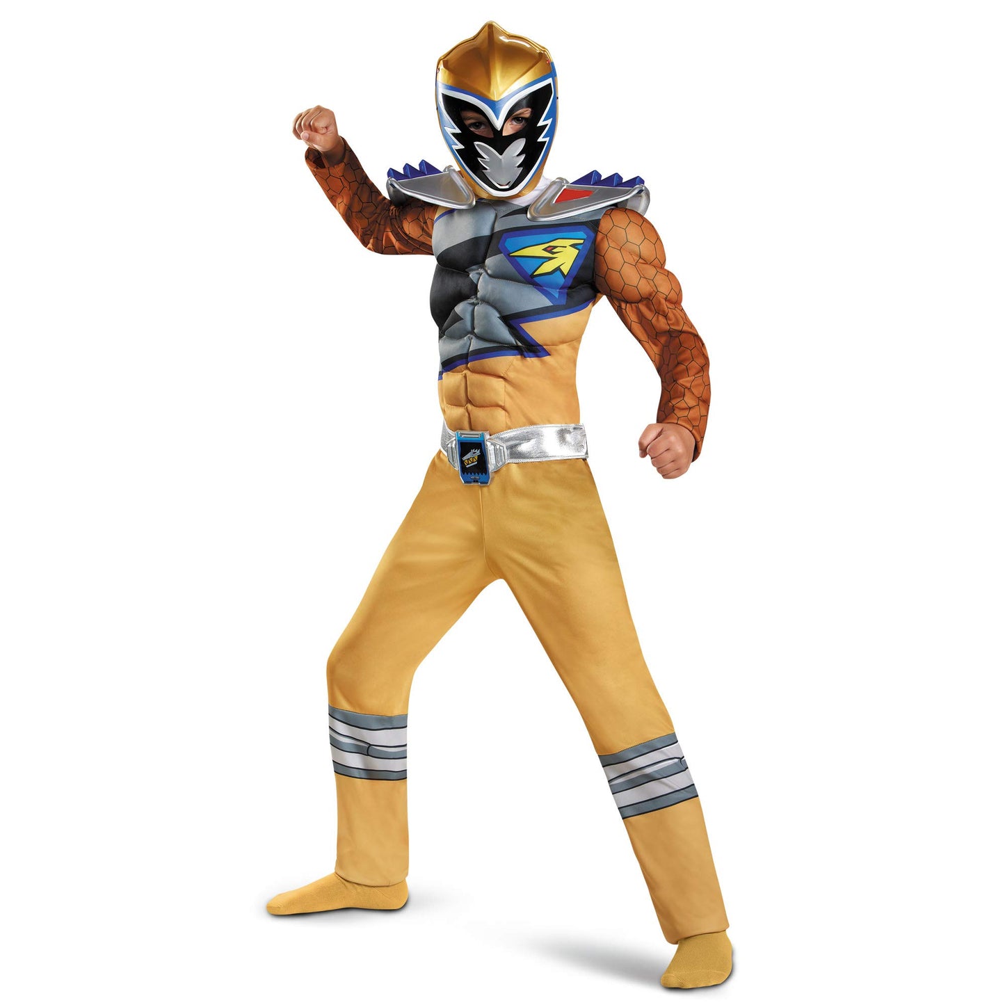 Gold Power Rangers Costume For Kids. Official Licensed Gold Ranger Dino Charge Classic Muscle Power Ranger Suit With Mask For Boys & Girls, Medium (7-8)