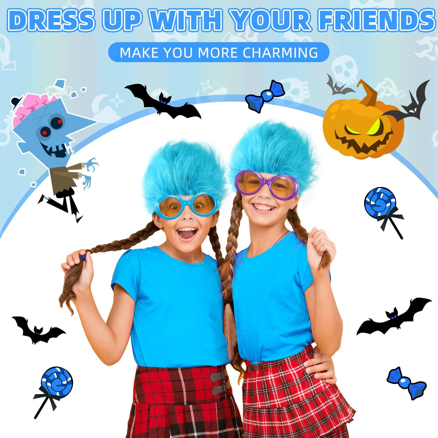 Xunyee 4 Pieces Blue Fuzzy Wig Funky Clown Crazy Hair Wig Character Cosplay Costume Accessories For Kids Teens 100Th Day Of Scho