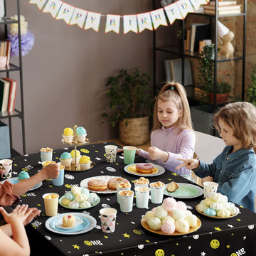 4 Pieces One Happy Dude Party Decoration Tablecloths 54 x 108 Inch Black Rectangle Plastic Smile Face Tablecloth One Happy Dude