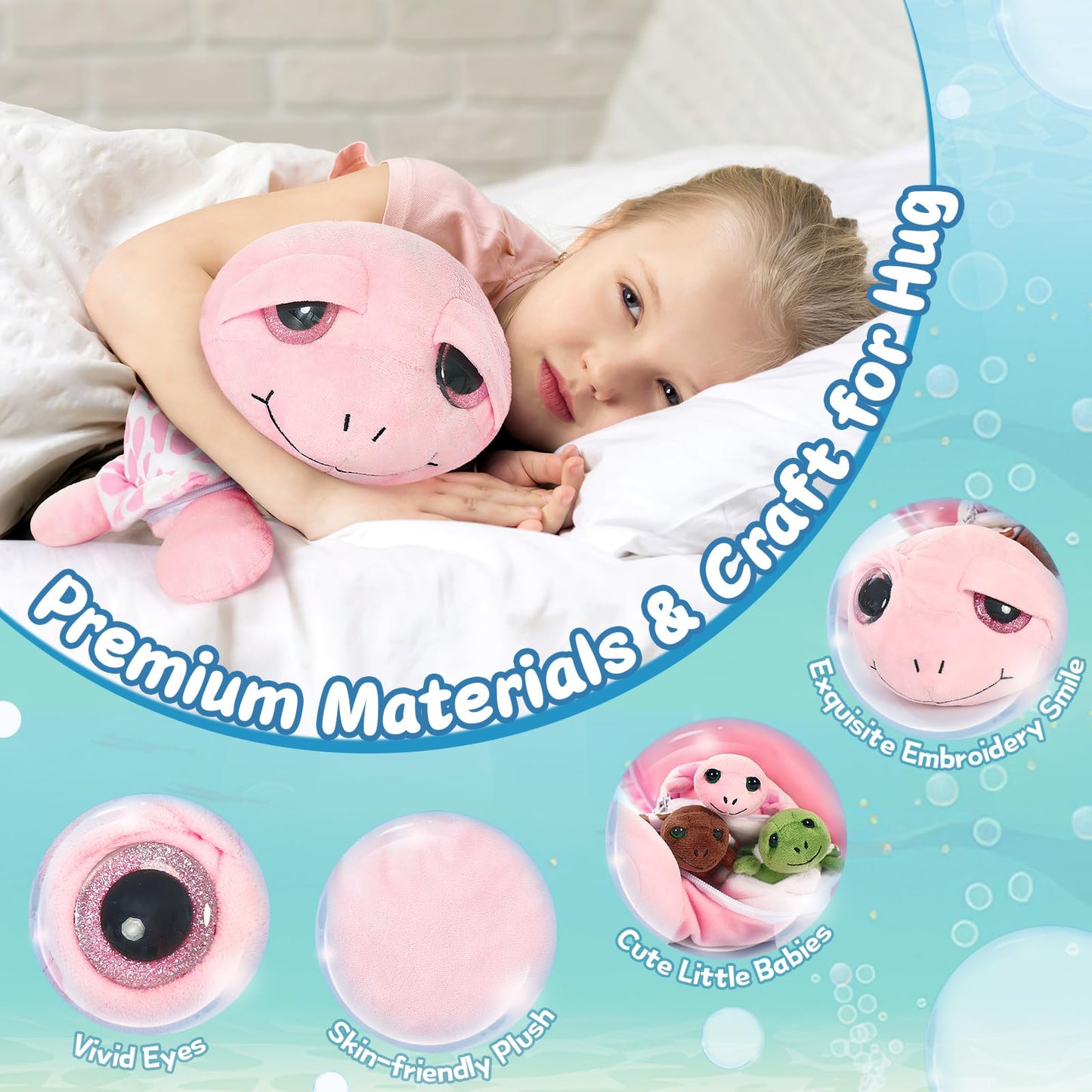 Morismos Sea Turtle Stuffed Animal With Babies,14 In Mommy Turtle With 3 Baby Turtles Plush, 2 Eggs Plushies Inside Belly Pouch,Big-Eyed Turtle Toys For Toddlers Kids,Pink Turtle Gifts For Girls Boys