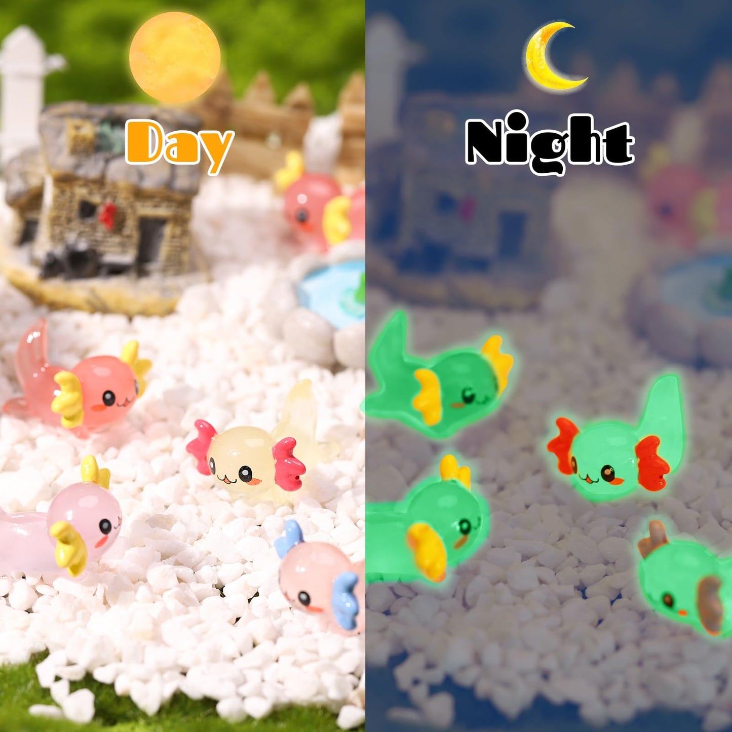 Fuyamp 40Pcs Luminous Mini Axolotl Resin Miniature Glow in The Dark Tiny Axolotl Charms Figures for Landscape Aquarium Dollhouse