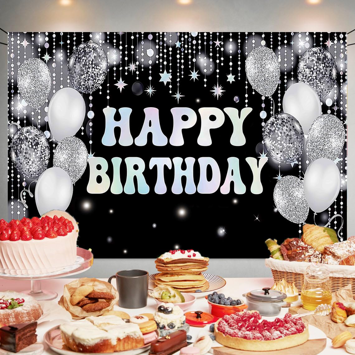 Silver Black Birthday Paty Backdrop Silver Black Happy Birthday Banner Silver Black Photography Background For Home Decorations