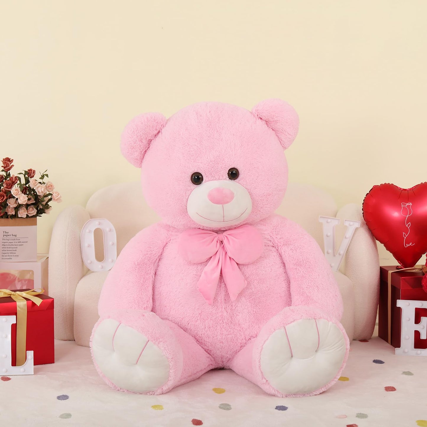 Morismos Big Teddy Bear 4 Ft Stuffed Animal For Mom, 47In Cuddly Stuffed Pink Bear, Baby Shower Decor,Life Size Giant Teddy For