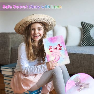 Pjdrllc Axolotl Diary With Lock, Gift For 8 9 10 Year Old Girl, Secret Diary Journal Notebook With Coin Purse, Multicolored Pen,