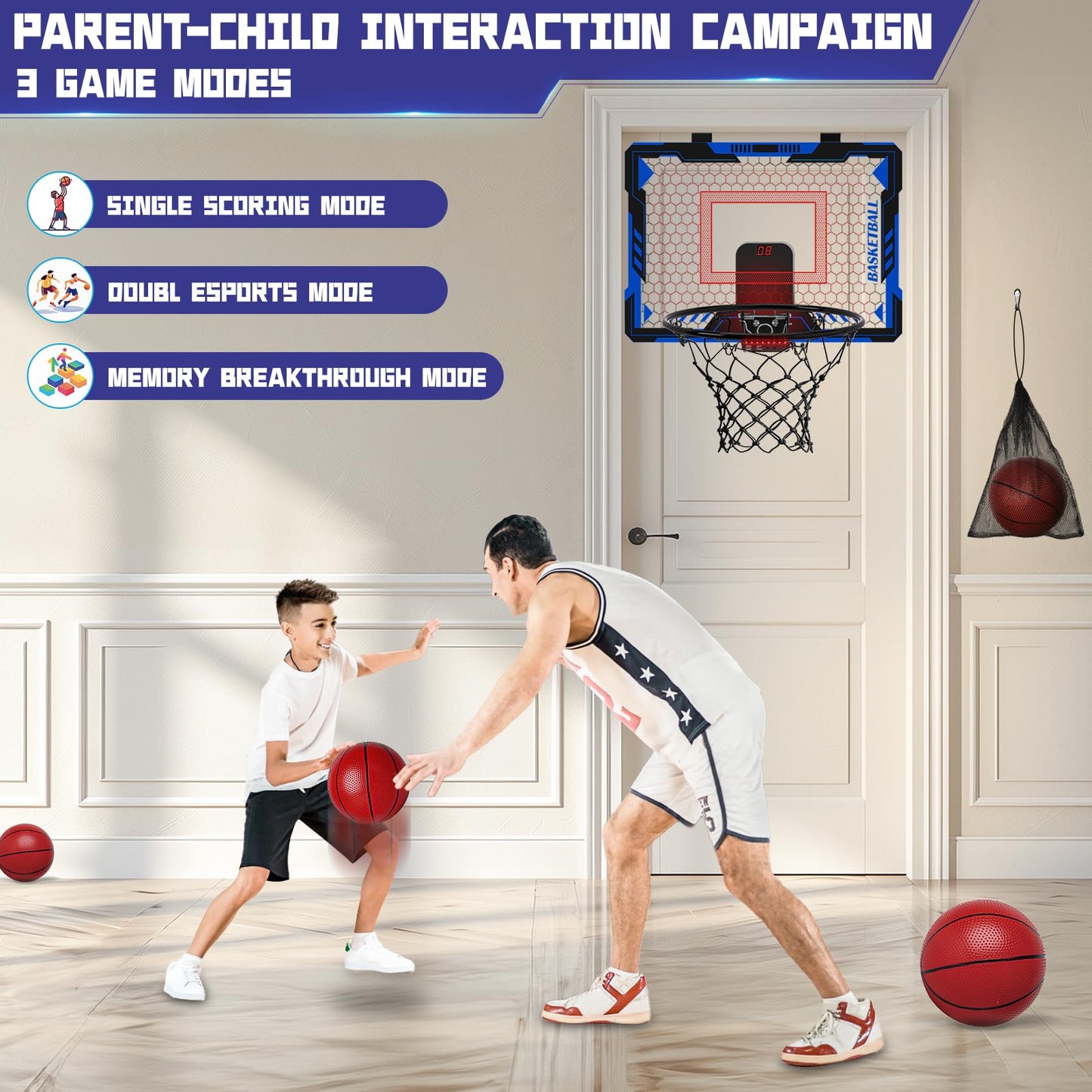 Remote Control Basketball Hoop Indoor For Kids, Over Door Basketball Hoop With Electronic Scoreboard, Mini Basketball Hoop With
