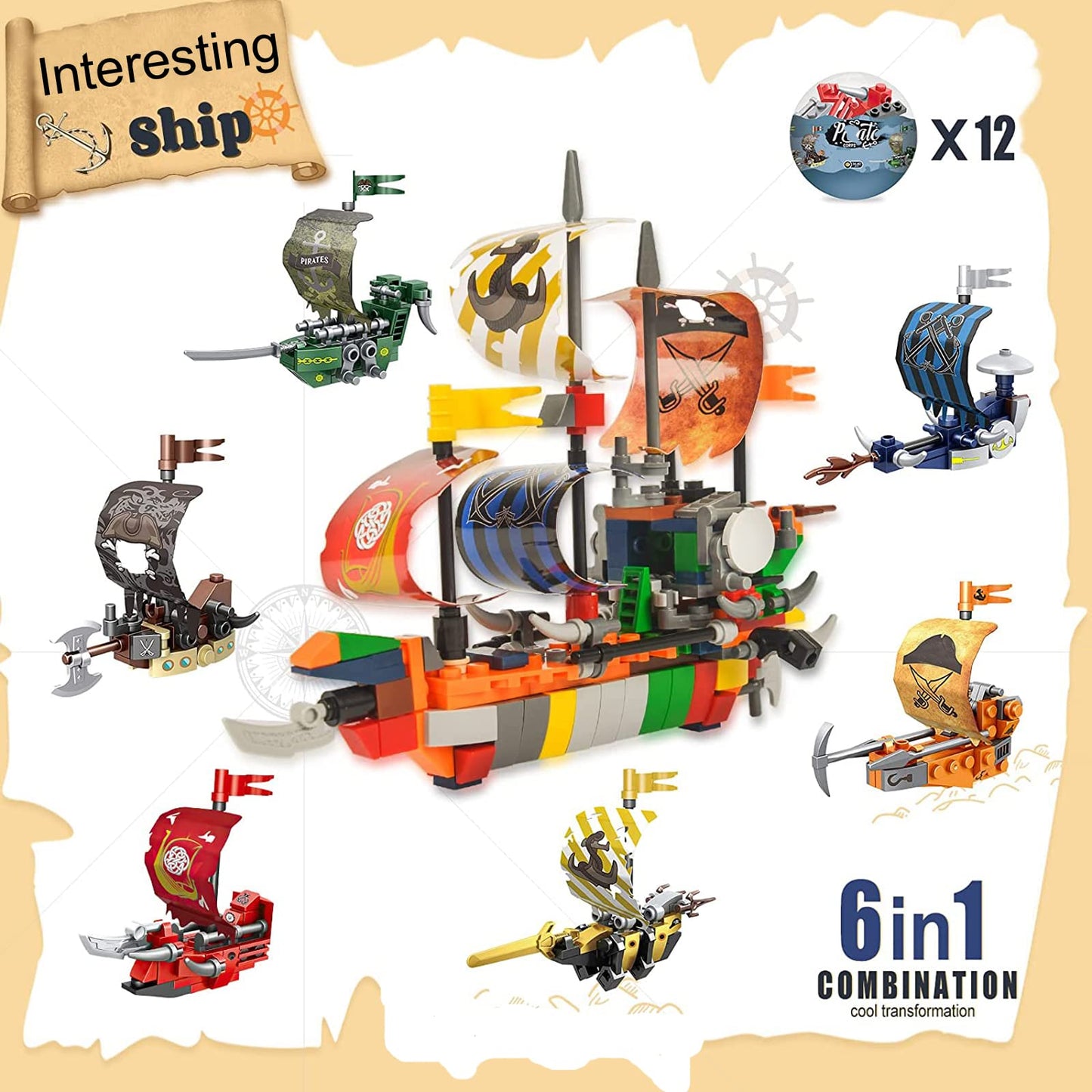 Auryee 12Pcs Pre Filled Easter Eggs With Ship Mini Building Block Toys - 6 In1 Ship Toys Sailboat Model Building Kits Hobby Toy For Kids Age 6+ Years Old
