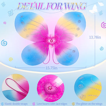 4 Pcs Butterfly Fairy Costume For Girls Kids Princess Cosplay Costume Set With Wings, Tutu Skirt, Wand (Rainbow)