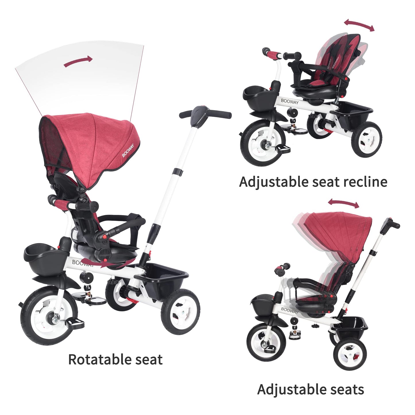 BOOWAY Baby Trike, 6-in-1 Kids Stroller Tricycle with Adjustable Push Handle, Removable Canopy, Safety Harness for 6 Months - 5