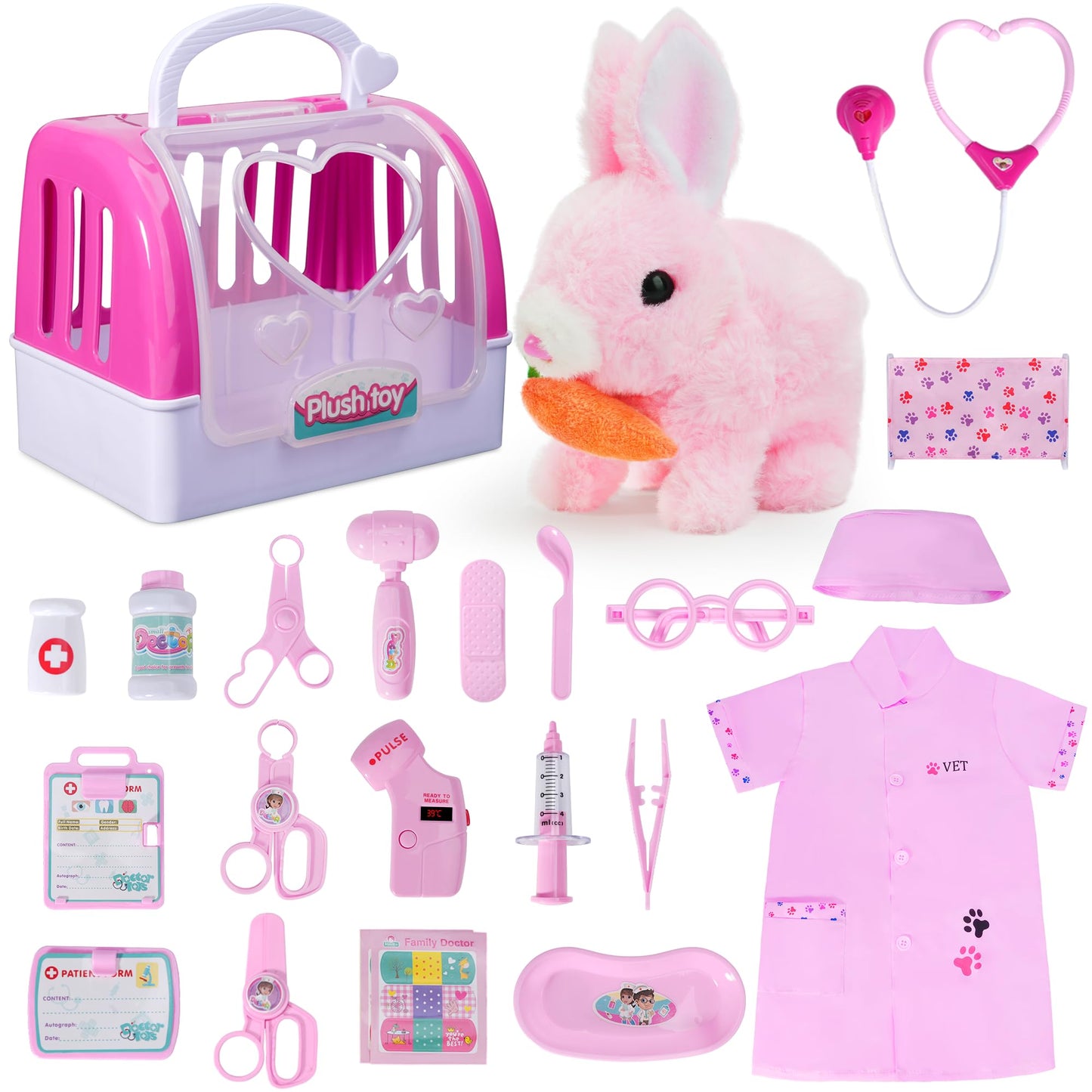 Doctor Kit For Girls -Vet Play Sets For Kids, Pretend Play Doctor Set With Pet Cage And Bunny Toy, Doctor Play Gift For Kids Tod