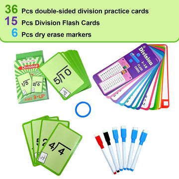 Limque 1-12 Math Flash Cards With 6 Dry Erase Pens, 15Pcs Big Division Flash Cards + 36 Pcs Random Double-Sided Division Practic