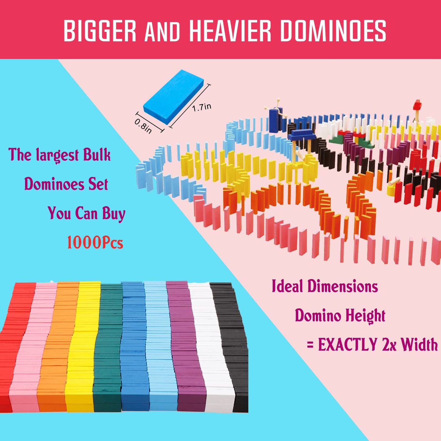 1000 PCS Dominoes Set for Kids with Extra 20 Blocks Colorful Dominos Tiles for Building Stacking Racing Tumbling Wood Domino with Storage Bag and Box