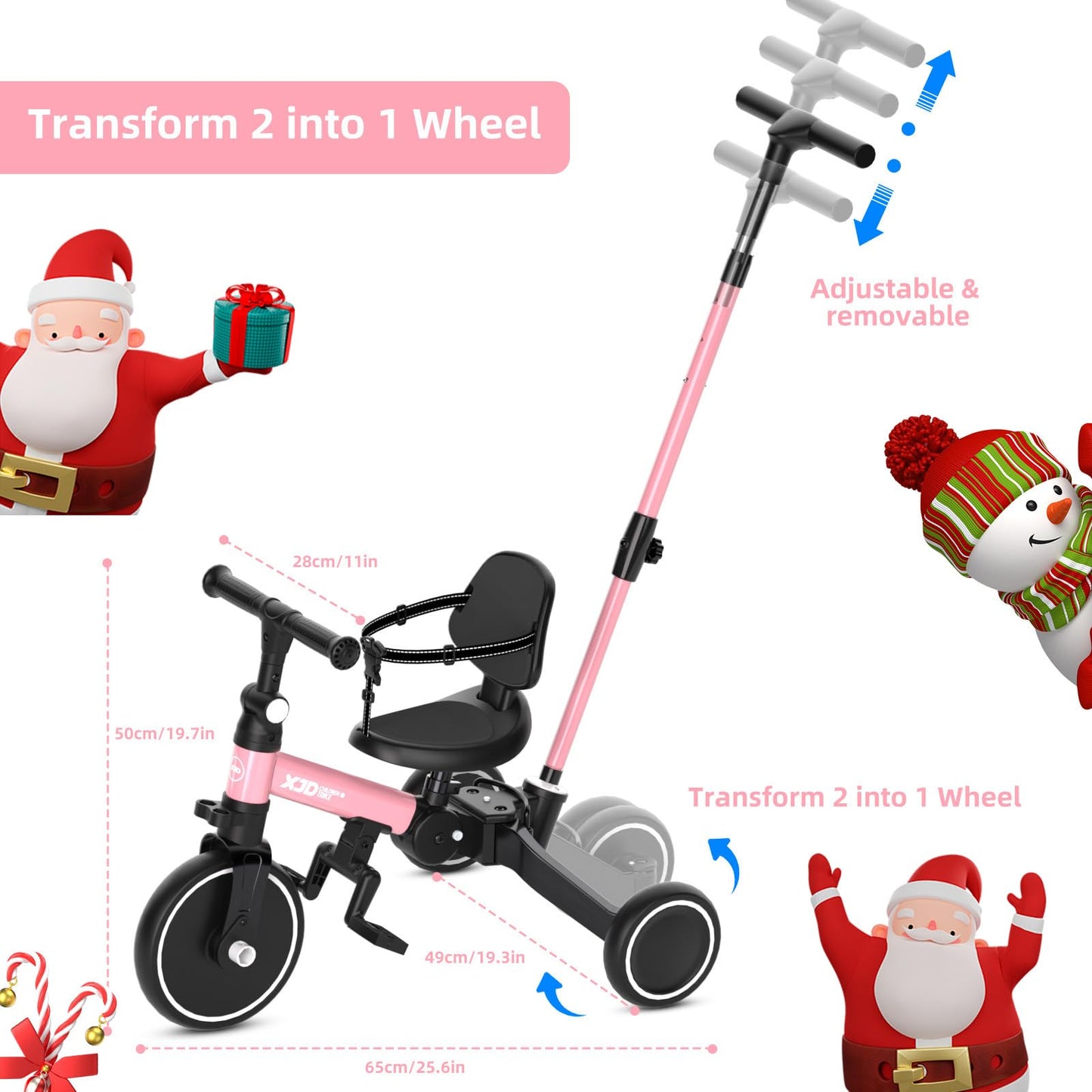 XJD Toddler Bike, 6 in 1 Folding Toddler Tricycle for 1-4 Year Old with Push Handle, Balance Bike with Removable Pedal,Backrest,
