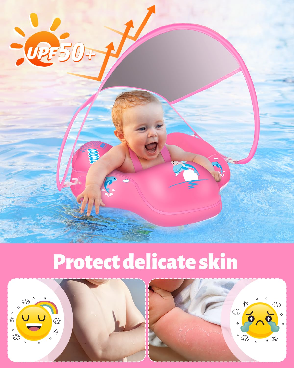 Laycol Baby Swimming Float Inflatable Baby Pool Float Ring With Sun Protection Canopy,Add Tail No Flip Over For Age Of 3-36 Months (Pink, S)