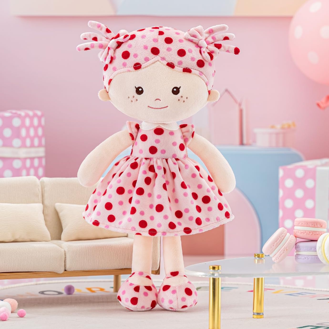 Onetoo First Baby Doll Soft Baby Doll For Girls Plush Rag Doll Sleeping Cuddle Buddy Doll Wear Pink Dress Red Polka Dot 14'