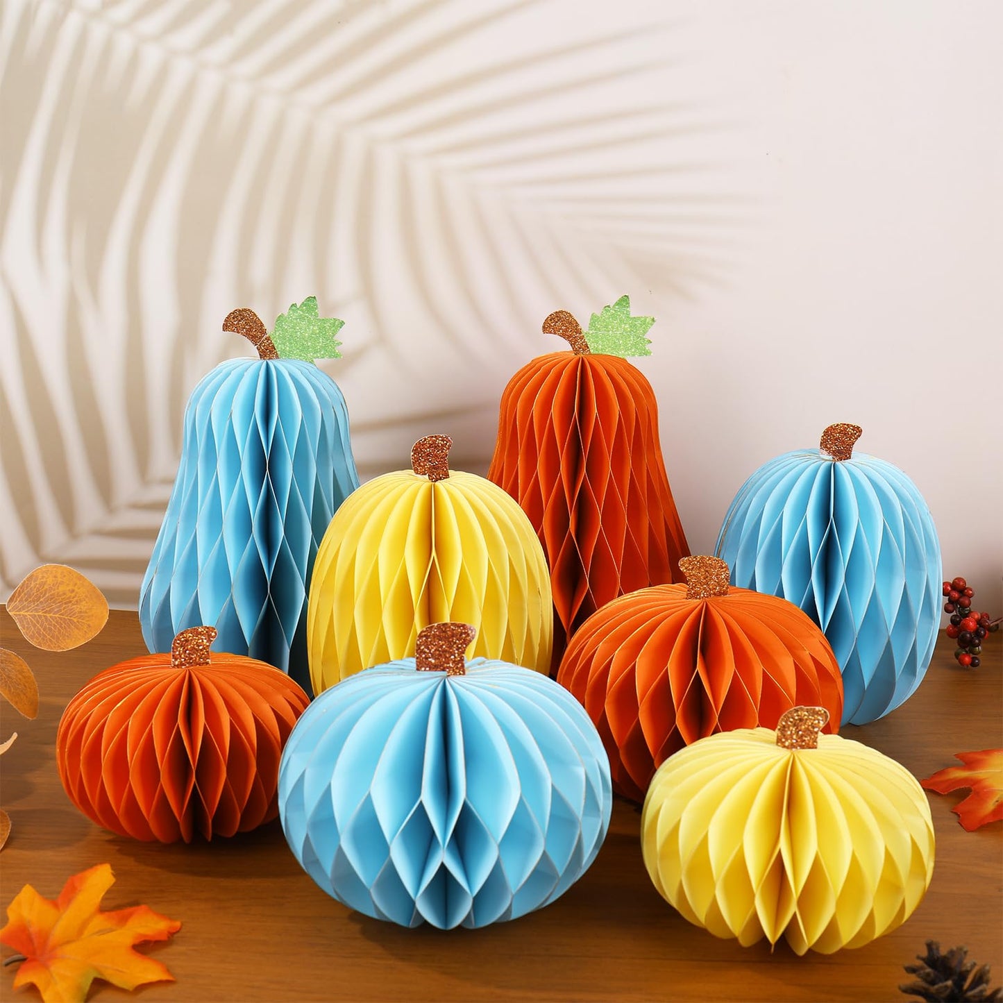 JarThenaAMCS 8Pcs Fall Pumpkin Honeycomb Centerpieces Beige Orange Blue Glitter Paper Honeycomb Ball Ornaments for Autumn Harves