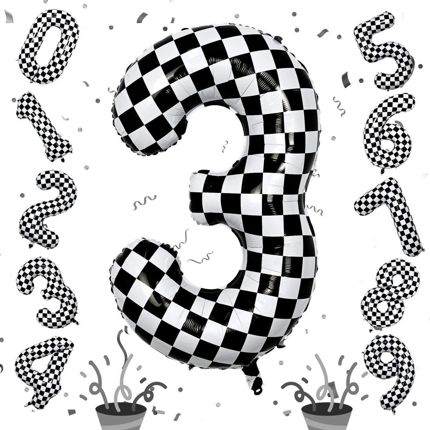 3Rd Birthday Number Balloons For Boys, 40 Inch Checkered Racing Foil 3 Balloons, Self Inflating Helium Black And White Big Numbe