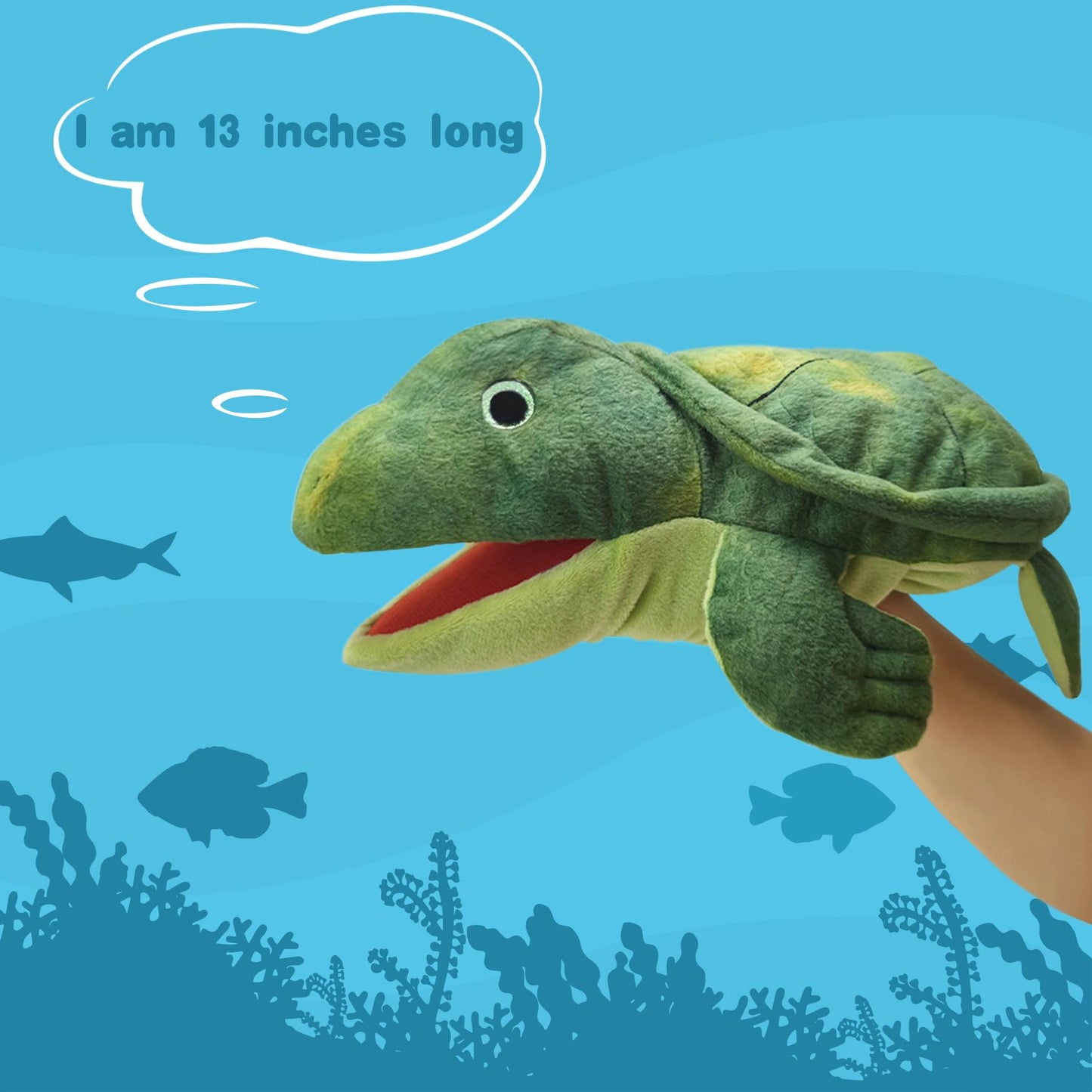Justqunseen Hand Puppet - Realistic 13'' Sea Turtle Puppet For Kids, Plush Stuffed Animal With Moveable Mouth, Role Play Teachin