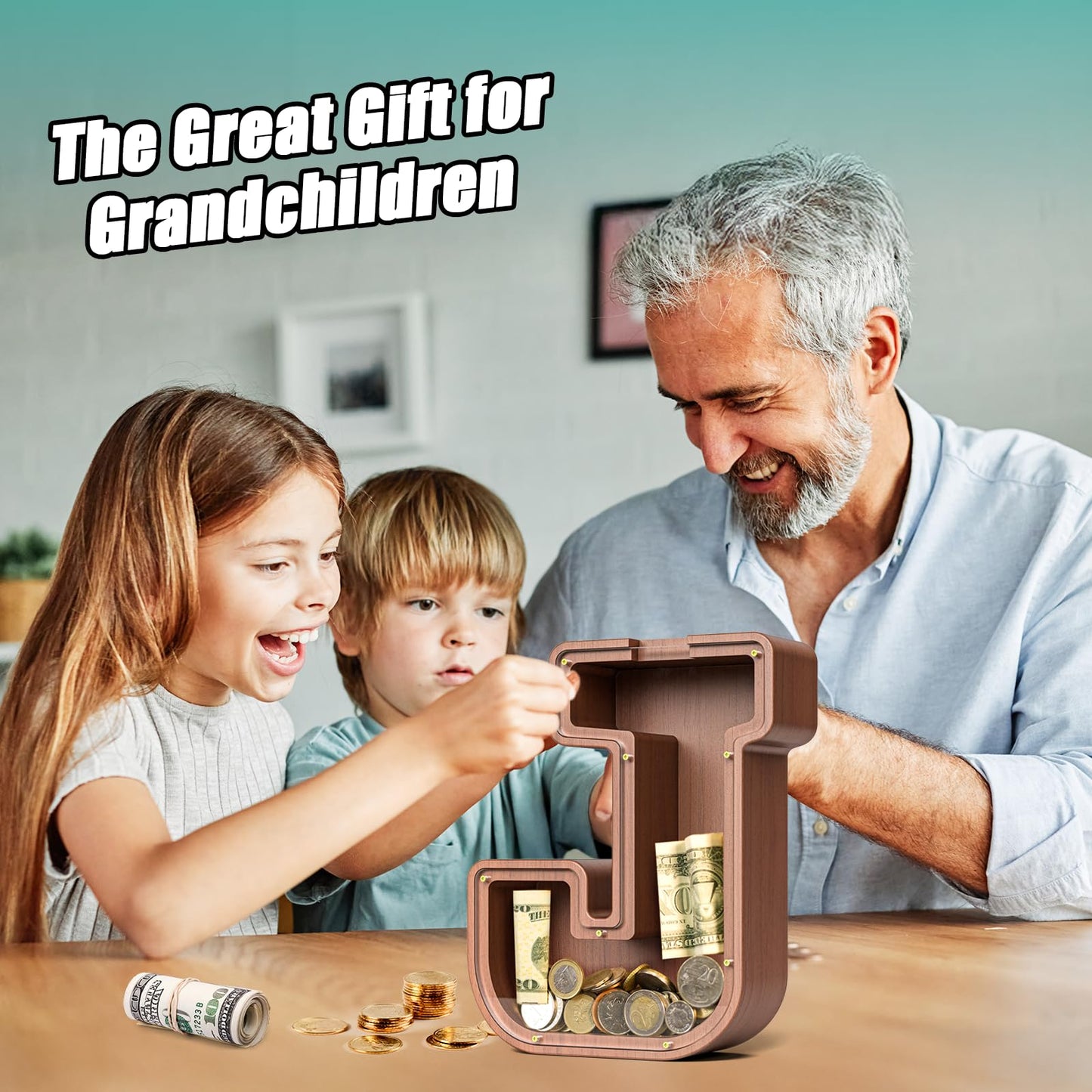 Summidate Wooden Letter Piggy Bank Extra Thick Large Capacity Piggy Bank for Kids Boys Girls Toddler Alphabet J Money Bank| Coin Box Birthday Christmas Festival