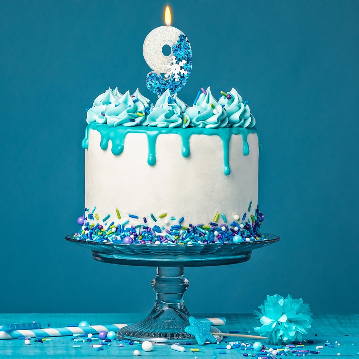 Snow Themed Birthday Candles, 9th Birthday Candle for Party Supplies, Winter Birthday Party Supplies, 2.76 inch Number 9 Cake To