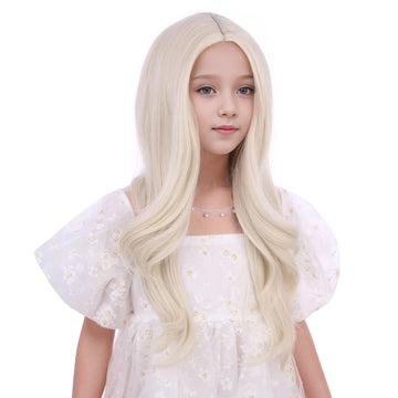 Duduwig White Blonde Wig For Child Gilrs Long Platinum Blonde Middle Part Wig Kids Long Light Blonde Wavy Curly Wig Heat Resista