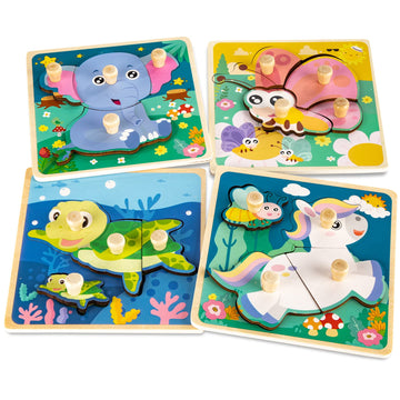 Wooden Toddler Puzzles, Funsland Peg Puzzles Gifts Toys, 4 Pcs Eco Friendly Animal Patterns Jigsaw with Handles, Infant Kid Fine