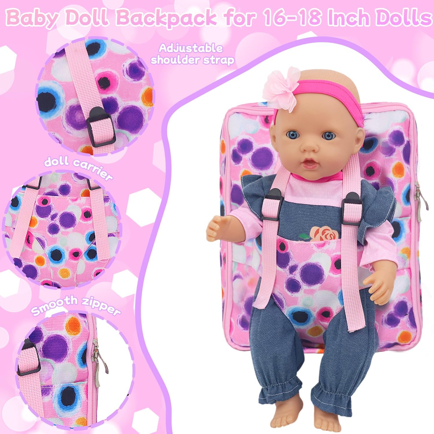 Ecorelf Baby Doll Backpack For 16-18 Inch Dolls ,Baby Doll Playset Included Baby Doll Diaper Carrier Bag,Doll Clothes Sets,Headb