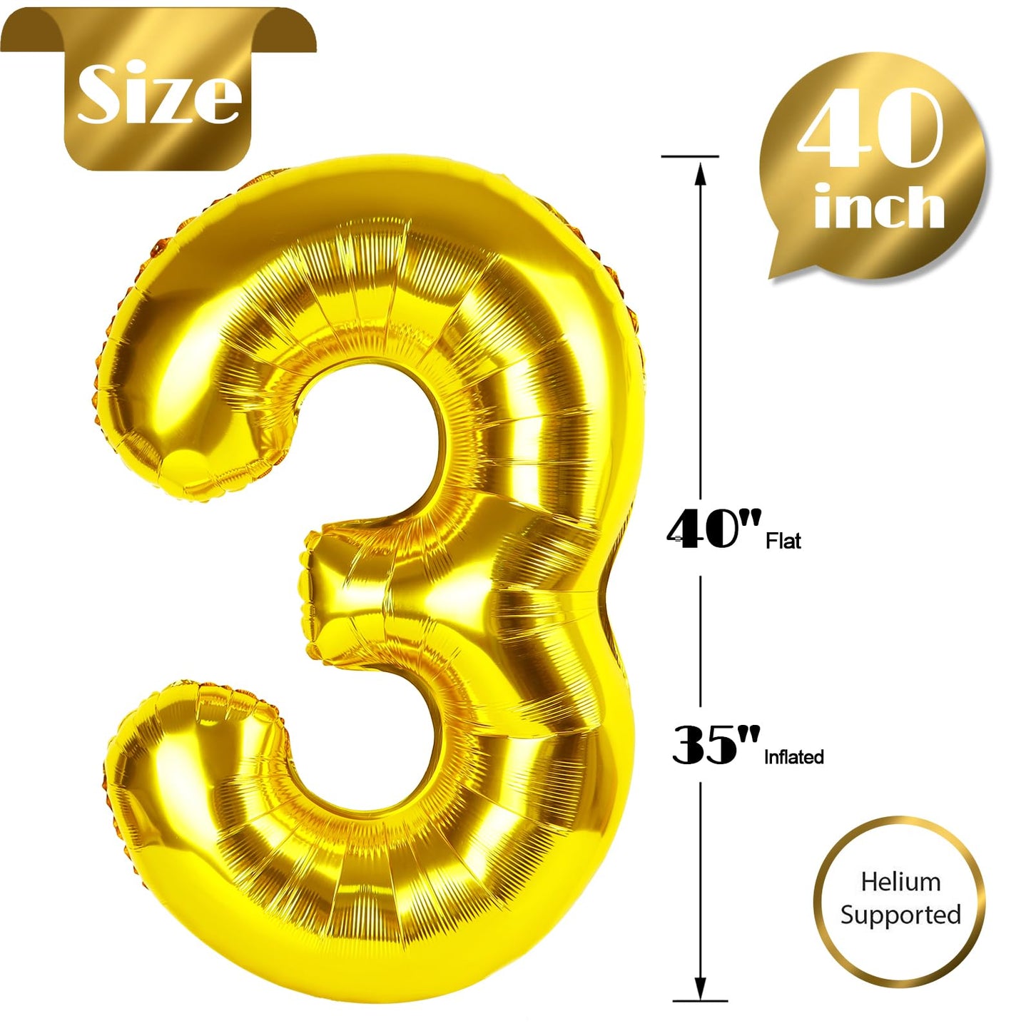 Gold Number 3 Balloon 40 Inch, 3 Balloon Number, 3Rd Birthday Decorations, Gold Party Supplies For Boys Girls