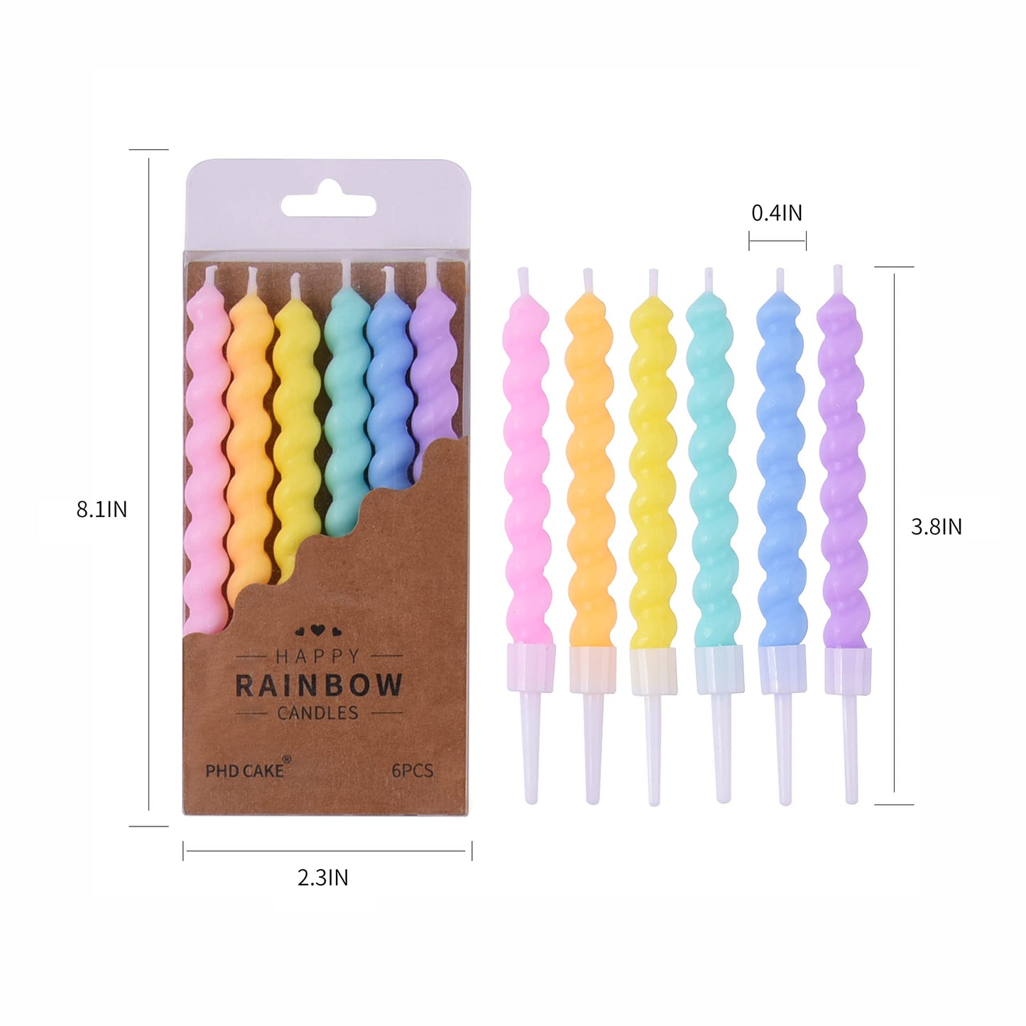 PHD CAKE Rainbow Spiral Birthday Candles - 36-Count, Wax Material, Includes Holders, Party Cake Decor