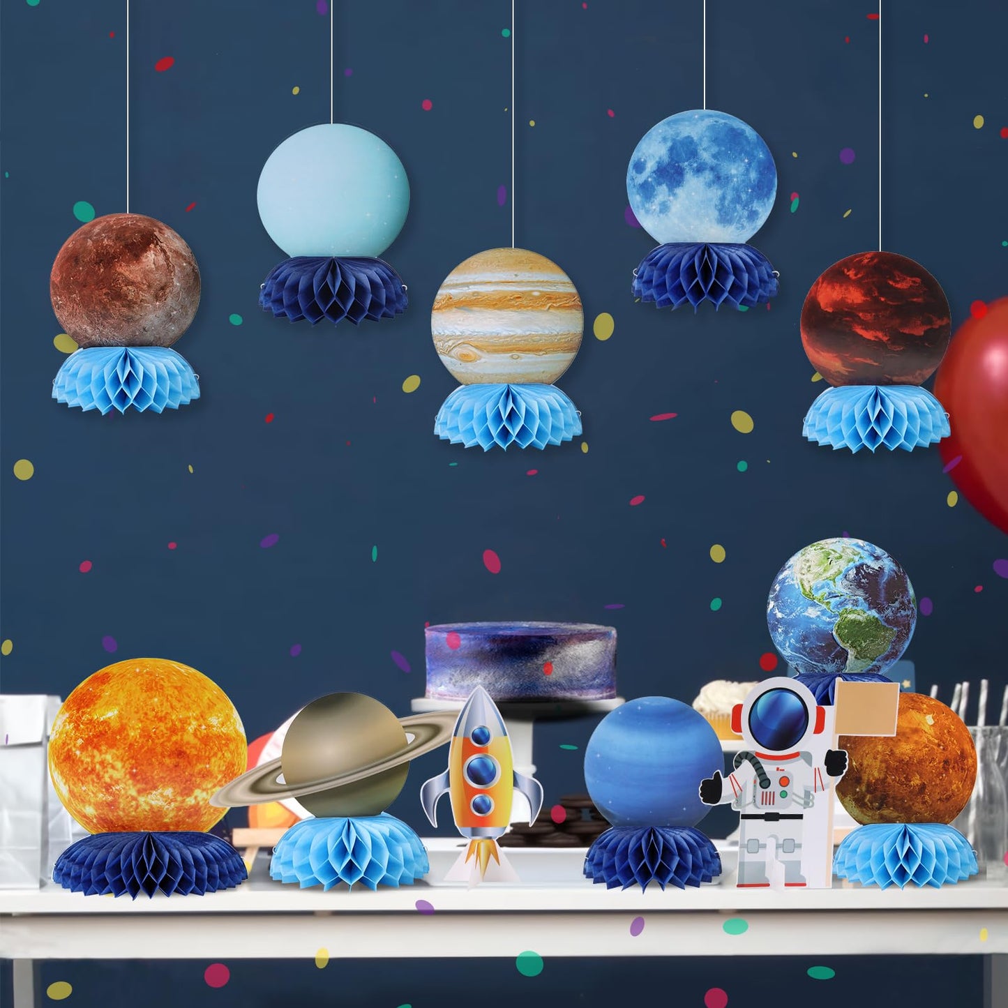 SUNBEAUTY 12 PCS Solar System Theme Honeycomb Centerpieces for Table Topper Outer Space Party Supplies Space Themed Party Decora