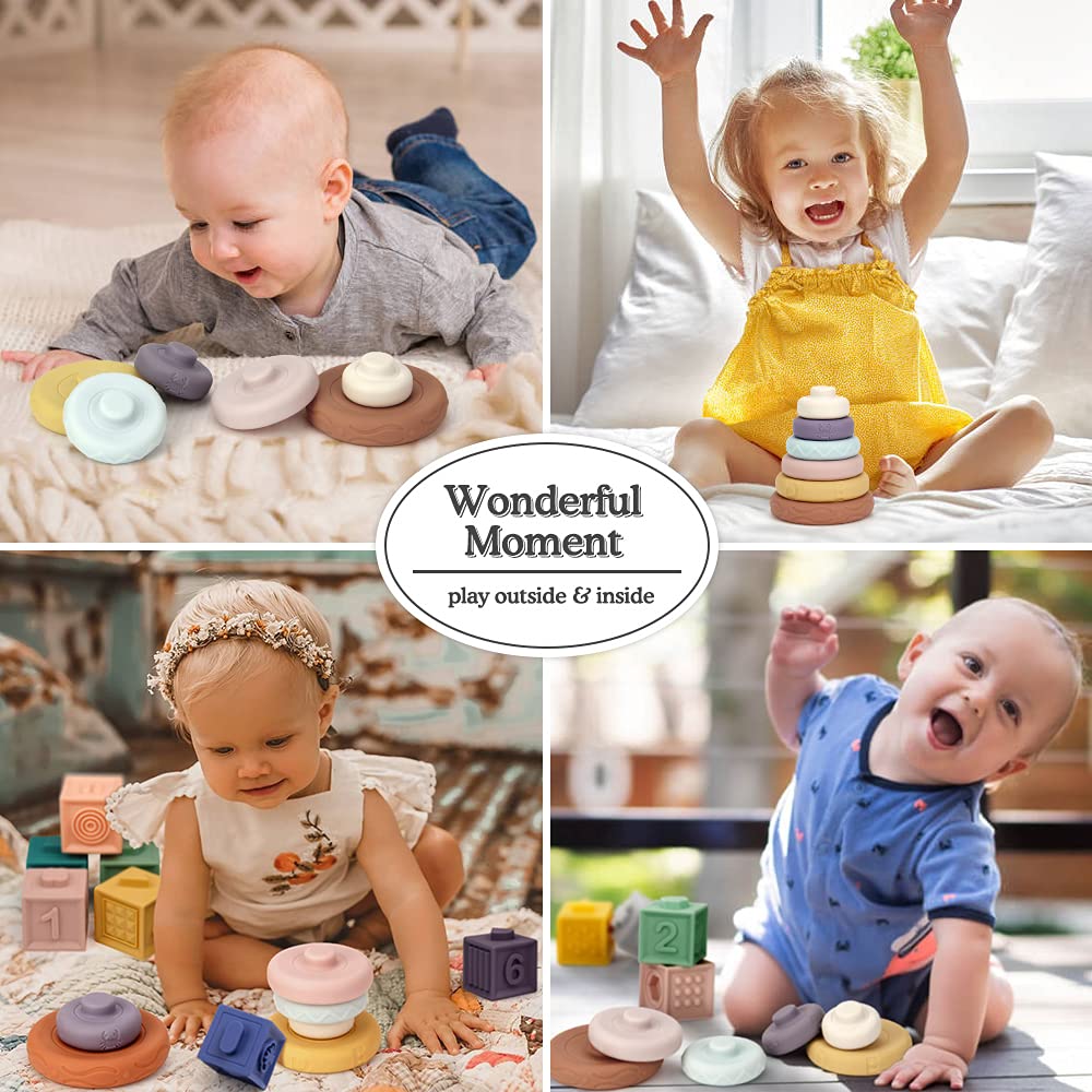 Mini Tudou 6 Pcs Baby Girl Toy Stacking & Nesting Toys, Soft Stacking Blocks Ring Stacker, Baby Sensory Teethers Toys W/Letter, Animal And Shape, Early Learning Toys For Babies Toddlers Kids 6 Months