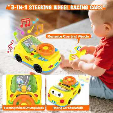 Toys for Boys Ages 2-4 - 3-in-1 Toddler Remote Control & Push Car & Musical Racing Adventure Steering Wheel Driving Game, Intera