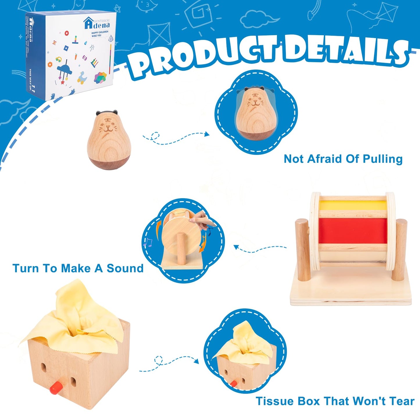 Adena Montessori Play Kit For 5-6 Months Baby,8 In 1 Learning Educational Toys For Toddler,Include Rainbow Spining Drum,Mirror Puzzle,Baby Tissue Box And More,Christmas Birthday Gift For Boys Girl