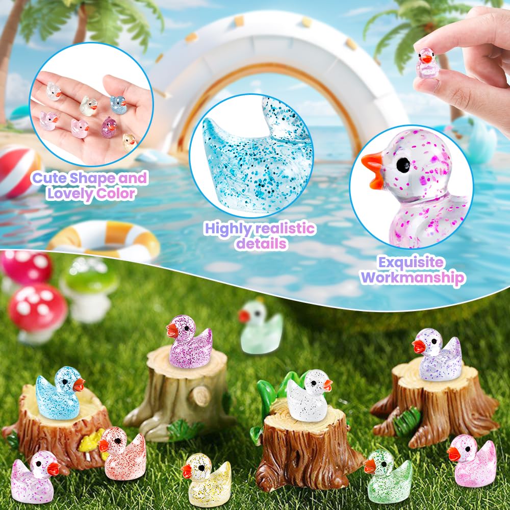 DULEFUN 100pcs Mini Glitter Ducks - Colorful Tiny Resin Animal Figures for Dollhouse, Landscape & Aquarium Decorations, Small Size