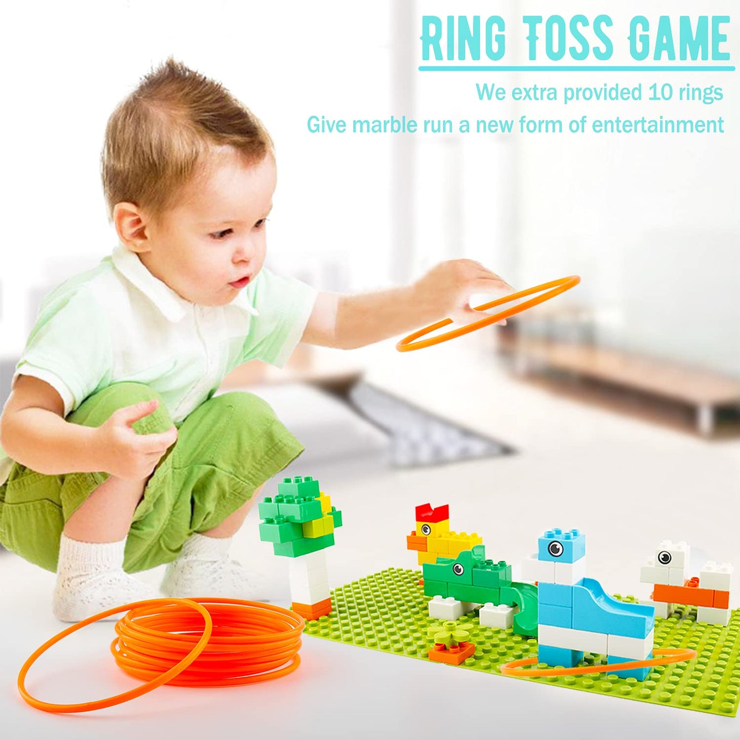 2-In-1 Kids Toys For 2 3 4 5 6 7 + Year Old Boys Girls Toddlers Upgrade Classic Big Bricks Marble Run Building Blocks, Toss Ring Games Compatible With All Major Brands For Christmas Birthday