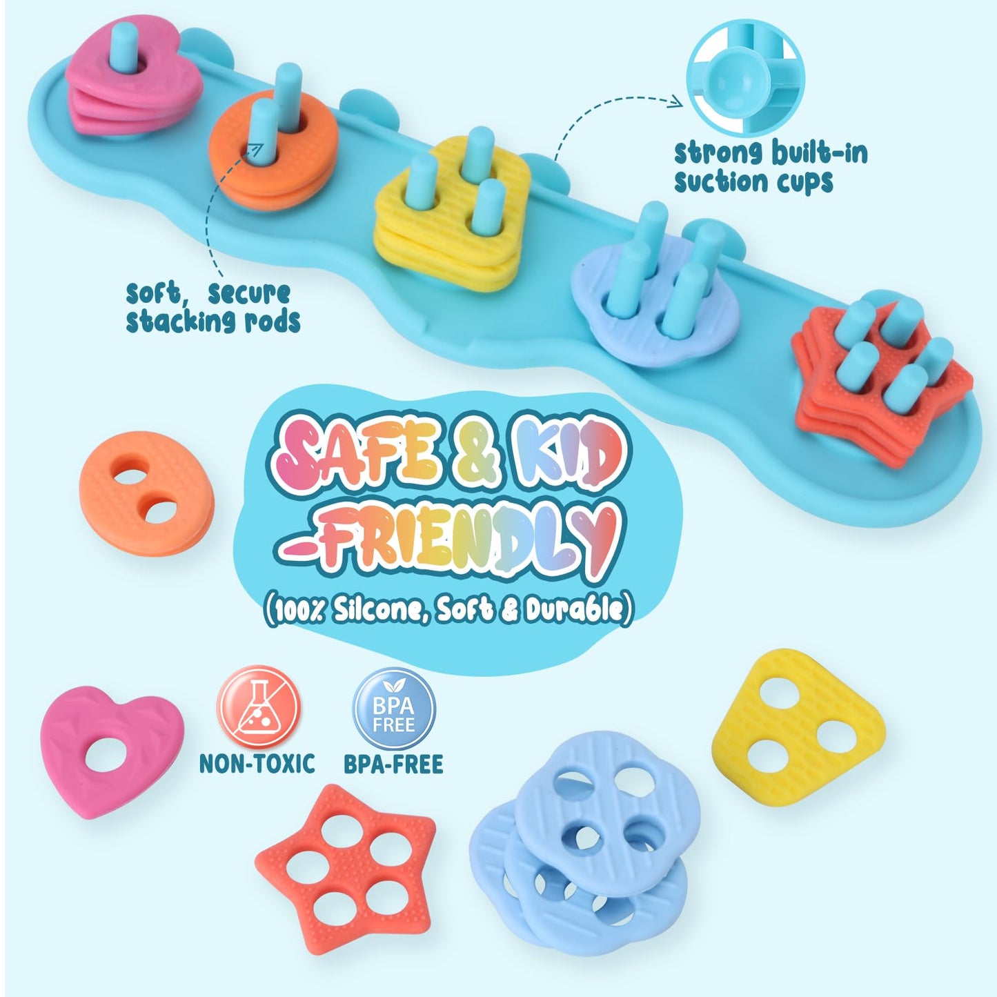 Baby Bath Toys, Mold Free Silcone Shape Sorting & Stacking Bath Toy Set With 20 Textured Floating Pieces, No Hole Design, Silico