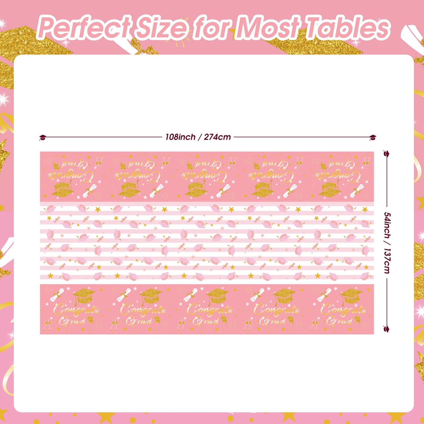 Graduation Tablecloth Party Decorations 2024,3 Pack Pink Large Size 54''X108'' Congrats Grad Disposable Rectangle Table Covers P