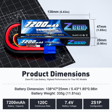 Zeee 2S Lipo Battery 7200mAh 7.4V 120C Hard Case RC Battery with EC5 Connector for RC Car Truck RC Vehicles Truggy Buggy Tank He