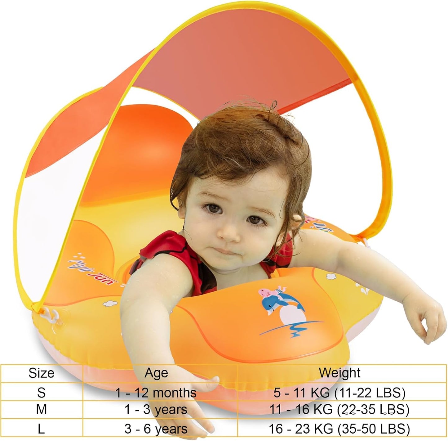 Myir Jun Baby Pool Float With Canopy, Inflatable Baby Pool Float Toddler Float Children Baby Float For Pool Baby Swim Trainer Toddler Swim Float (Orange, S,Float With Canopy)